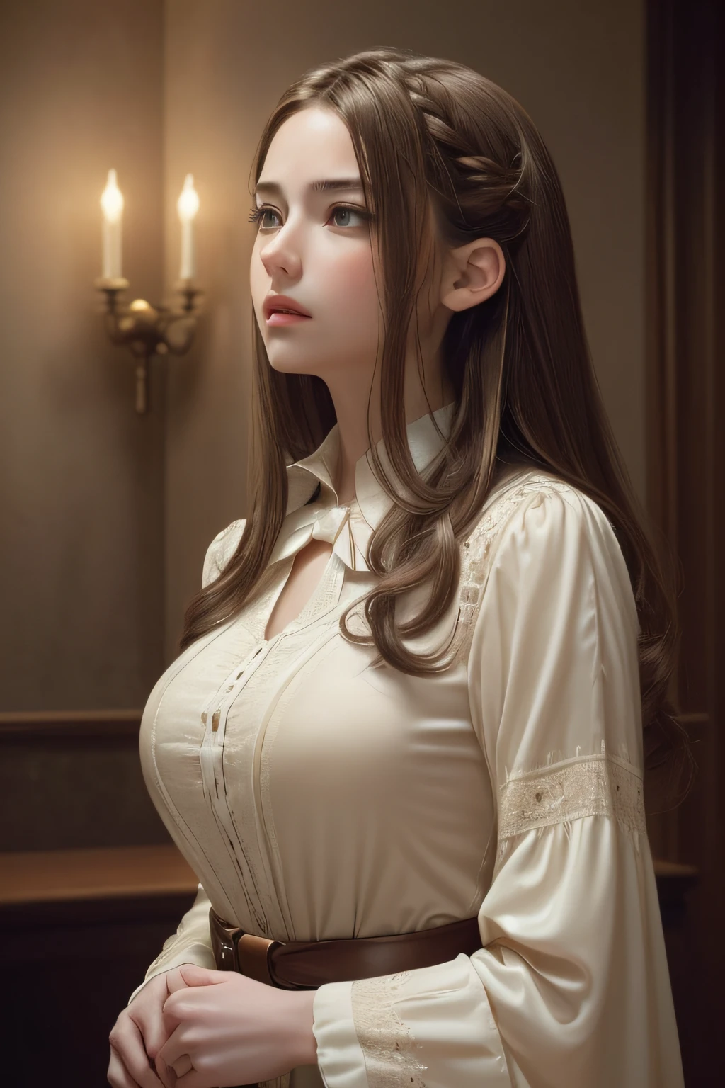 (1girl:1.3), cinematic light, (masterpiece, top quality, best quality, official art, beautiful and aesthetic:1.3), extreme detailed,highest detailed,(ultra-detailed),((an extremely delicate and beautiful)),
breasts, silky long hair, (brown hair),
shirt with collars, waist up, dramatic lighting, from below,