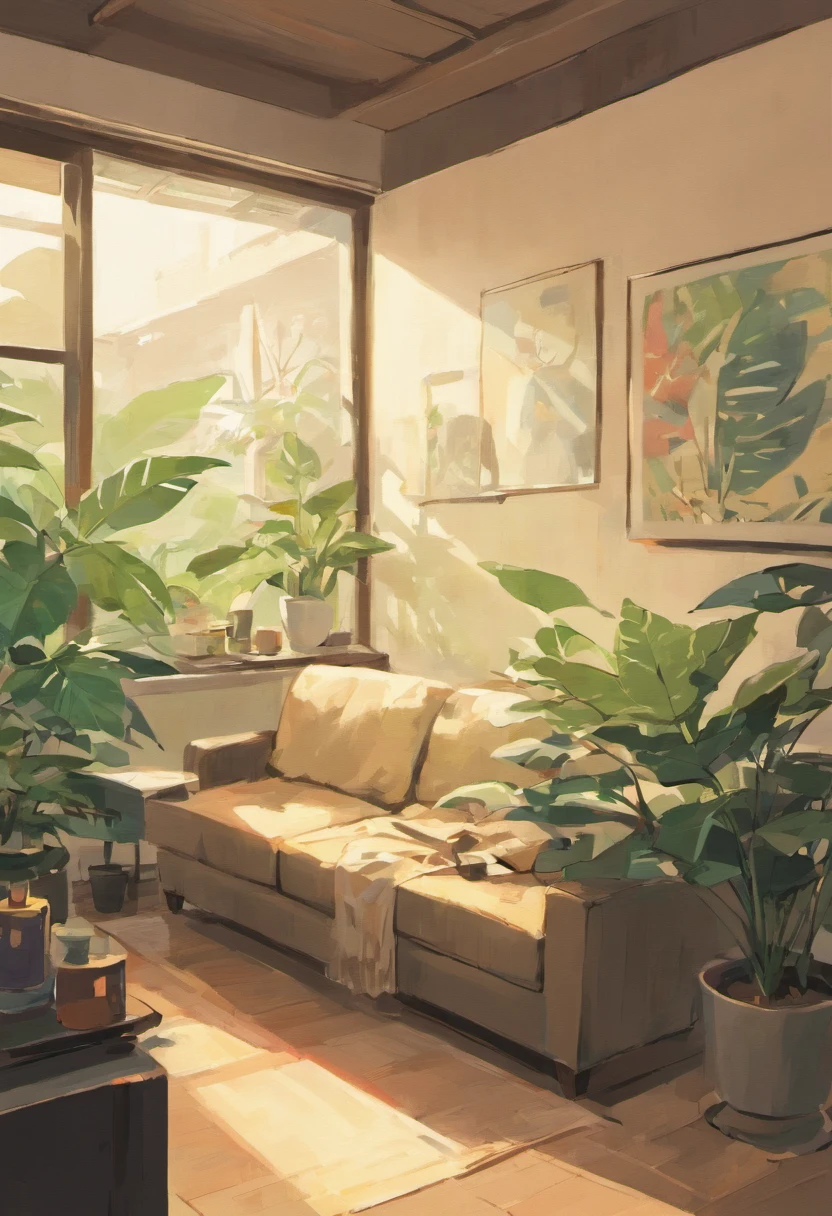 In the wide living room,carding、Coffee table minimalist style,In the middle is a large pot of white monstera