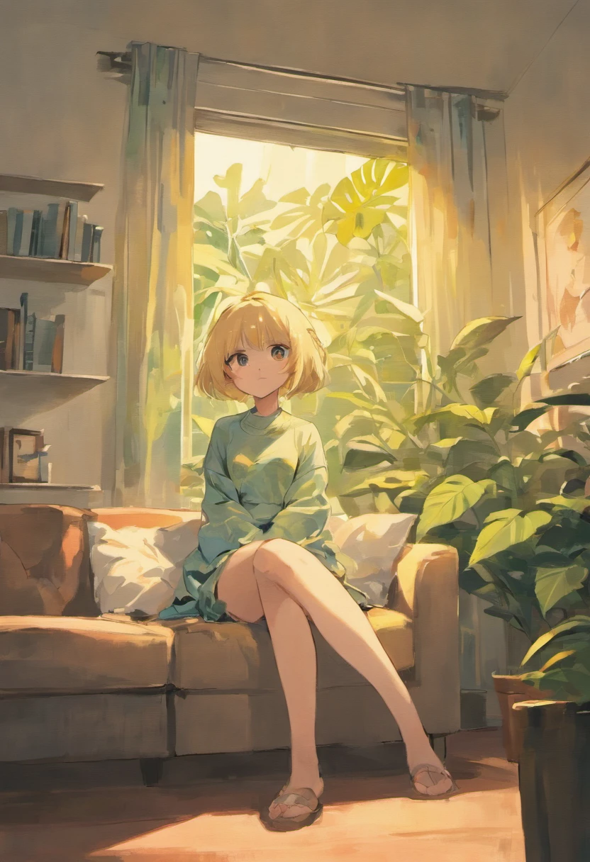 In the wide living room,carding、Coffee table minimalist style,In the middle is a large pot of white monstera