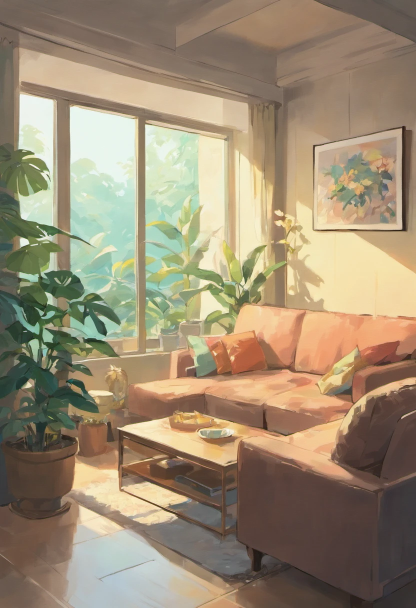 In the wide living room，carding、Coffee table minimalist style，In the middle is a large pot of white monstera