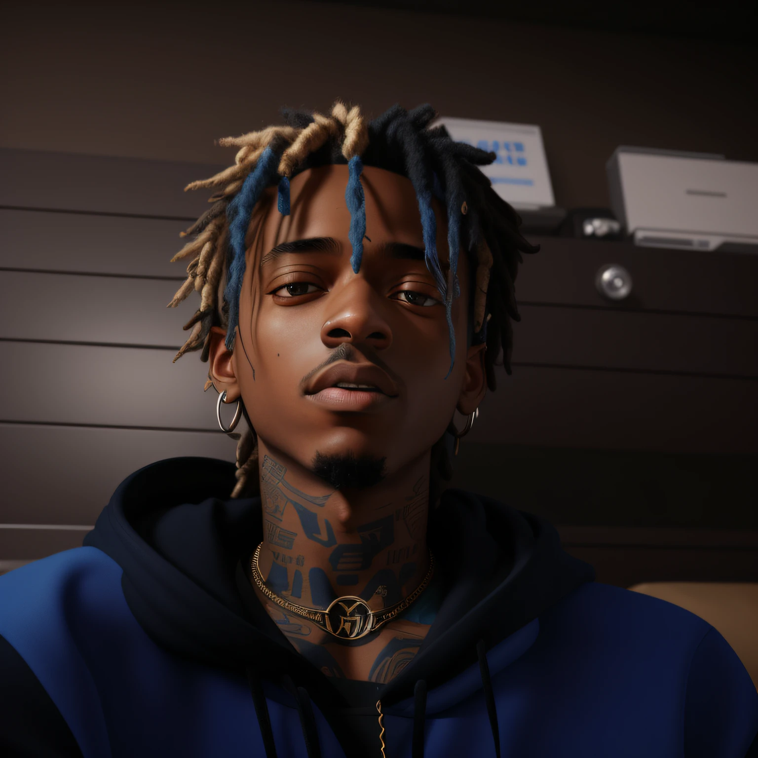 There's a man with dreadlocks and a blue shirt, xxxtentacion, Trippie assustado, usando uma bandana e corrente, pele bronzeada, em torno de 1 9 anos, Sem estilo Tyler Mitchell, Foto do perfil, imagem de qualidade muito baixa, um ciborgue biopunk adolescente, imagem de perfil, dessaturados!!, 1 6 anos, wears an egyptian ankh necklace