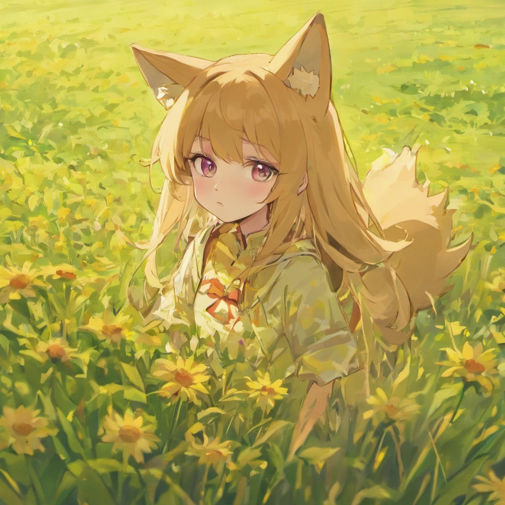 coyote,flower field,full bodyesbian,Open-mouthed,Professional light,Faraway view,depth of fields,8K,wide high angle view,professional photoshooting,rendering by octane,best qualtiy,tmasterpiece,