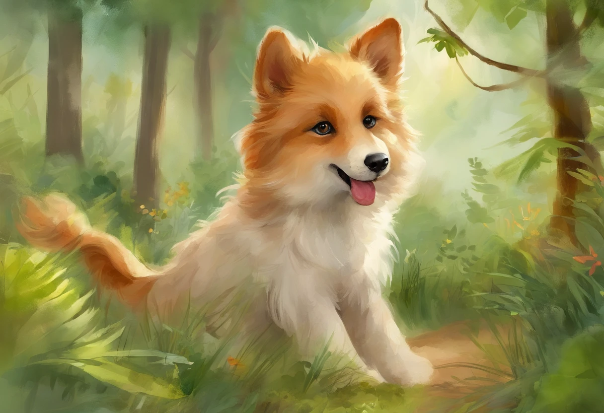 (bright colorful portrait),friendly,cheerful boy,smiling face,cute boy,joyful expression,sparkling eyes,innocent look,shining personality,happy atmosphere,(detailed curly hair,detailed hairstyle),fair skin,rosy cheeks,wearing a stylish outfit,forest scenery,green trees,tall grass,warm sunlight filtering through the leaves,serene environment,peaceful atmosphere,ray of light,(detailed dog,detailed fur),loyal friend,playful puppy,energetic companion,expressive eyes,walks (happily,enjoyably) beside Lucas,lush vegetation,natural beauty,harmonious bond,adventurous journey,exploring nature,together forever