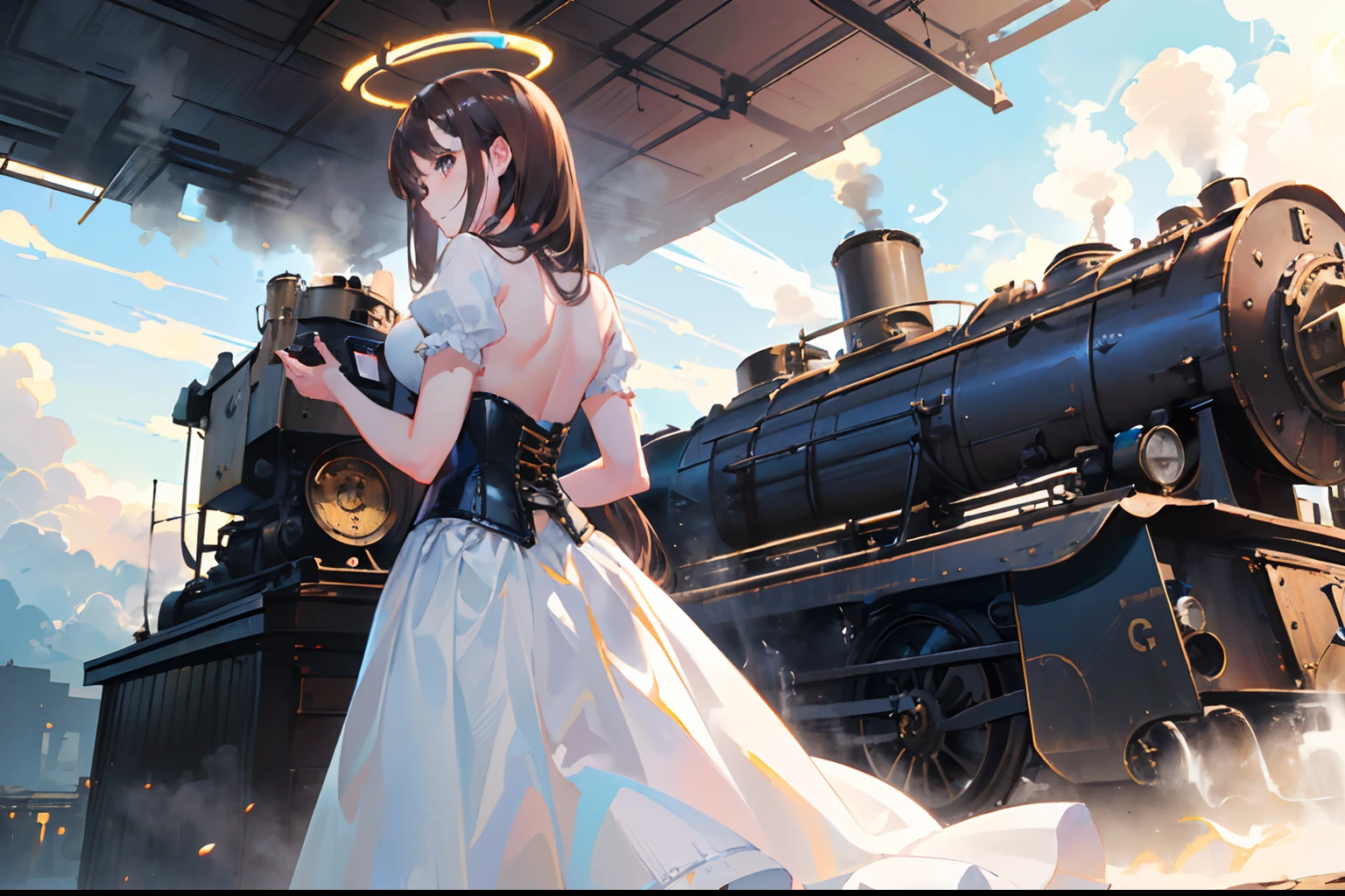 ((brown hair)), ((long hair)), ((white skirt)), ((blue corset)), ((8K)), ((masterpiece)), ((wing)),((halo)),(()),((girl with her back to the camera)), ((detailed)), ((cinematic lighting)),((from back)),((holding steam gadget)),((dark clouds)),((giant steam engine on whole of background)),((wide shot)), steampunkai
