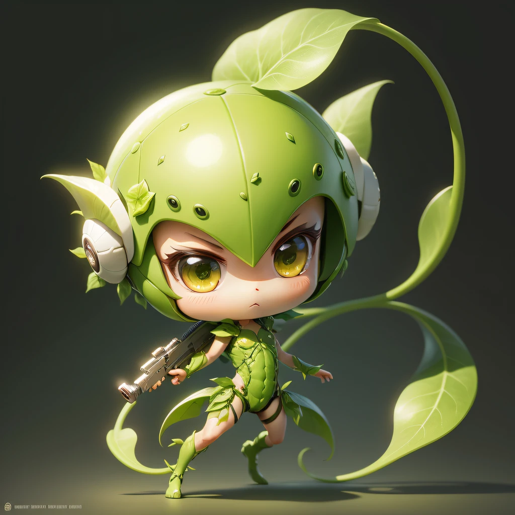 chibi, full-body, white background, alien botanist, photosynthetic skin, flora-based weaponry, vine-like appendages