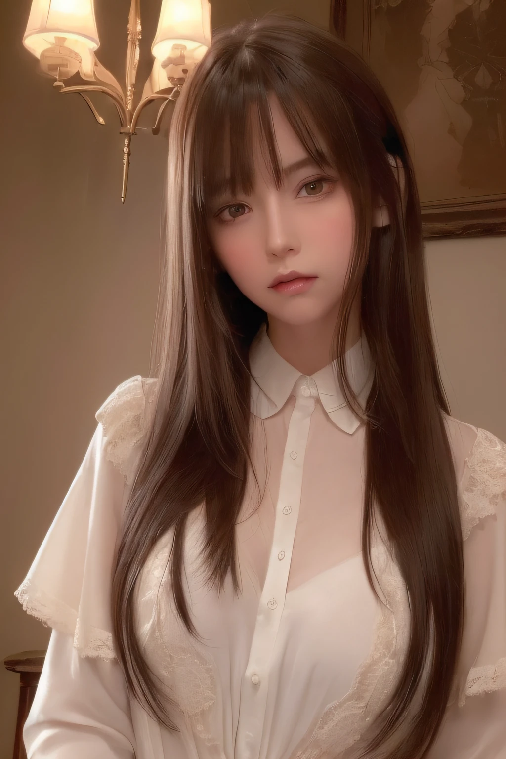 (1girl:1.3), cinematic light, (masterpiece, top quality, best quality, official art, beautiful and aesthetic:1.3), extreme detailed,highest detailed,(ultra-detailed),((an extremely delicate and beautiful)),
silky long hair, (brown hair),
shirt with collars, waist up, dramatic lighting, from below,
seductive smile, blush