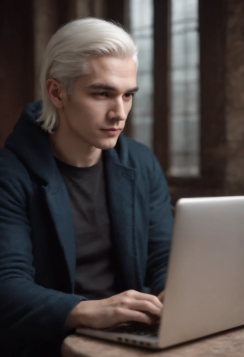 A young man sitting fiddling with his laptop with white hair a black T-shirt with Blue overcoat, His power is technology, Semi-realism