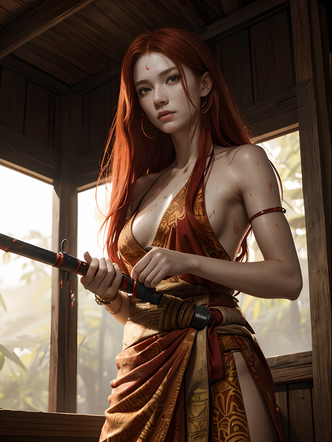 (A 20 years old female shaman), (long red hair), (pale skin), (detailed oily and sweaty skin), (wearing bright red batik sarong dress), (wielding a kris blade in her hand), (dimly light wooden wall room with offerings), dynamic pose, chiaroscuro lighting, photo realism, intricate face detail, intricate hand details, highly detailed, vibrant colors, cinematic, 8k, trending on Artstation--style raw