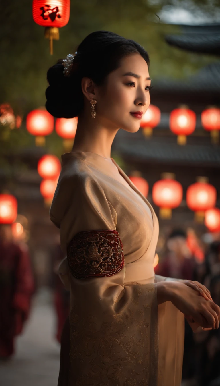 1womanl, 24 years of age,Chinese Beauty,((Focus above the thighs)),Star-studded beauty,Chinese costumes,Ancient Chinese court architecture,Chinese elements,the night,Countless lanterns,Front lighting,