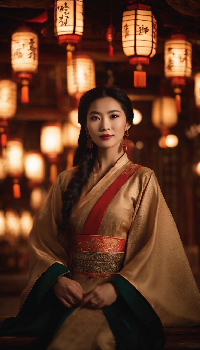 1womanl, 24 years of age，Chinese Beauty，((Focus above the thighs))，Star-studded beauty，Chinese costumes，Ancient Chinese court architecture，Chinese elements，the night，Countless lanterns，Front lighting，