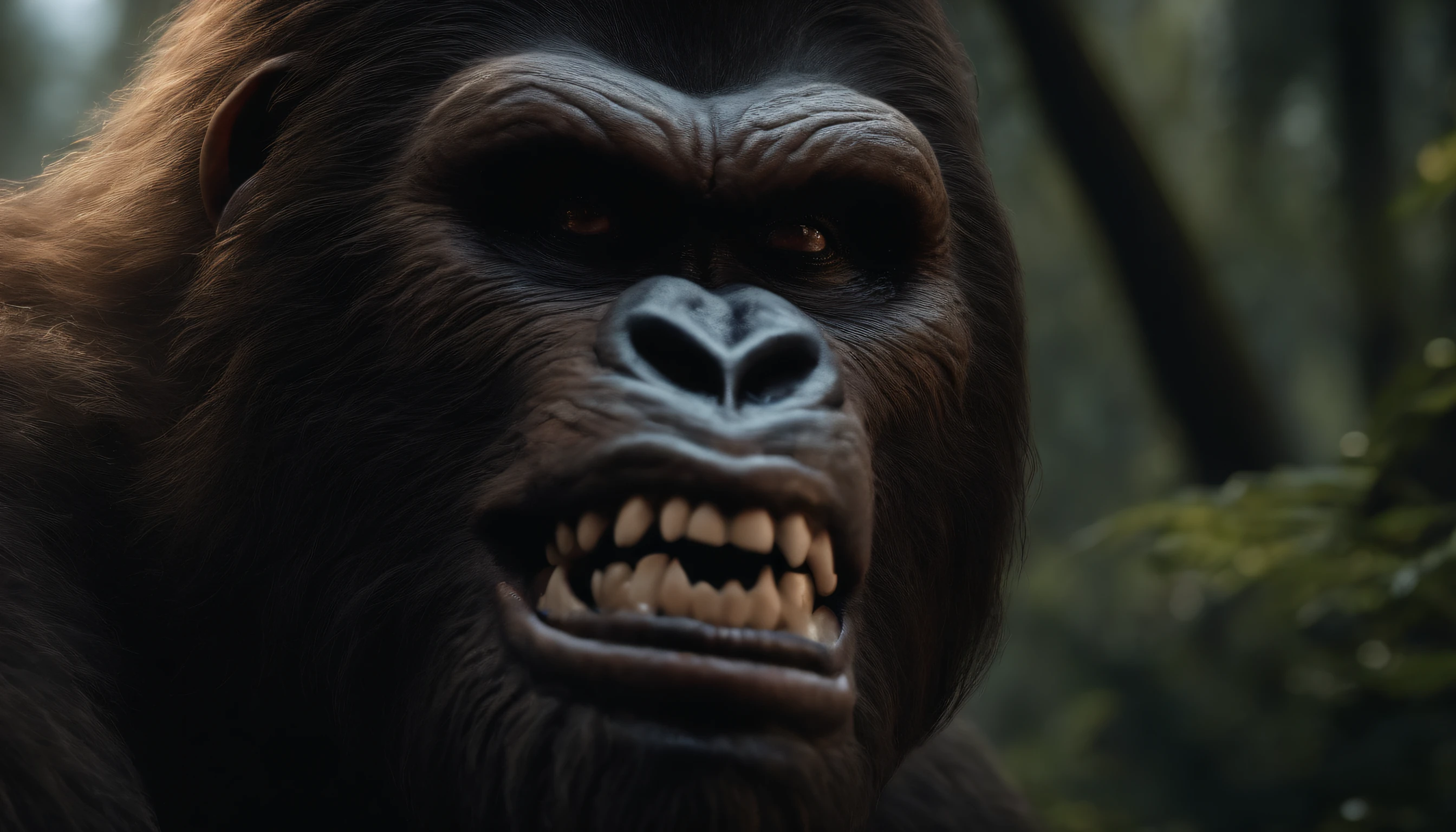 photorealistic, Bigfoot with human eyes and sharp teeth, UHD, 8k
