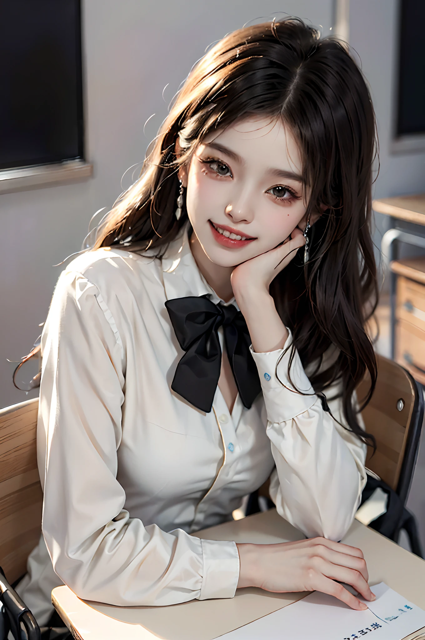 ((full body)), ((Parallel perspective)), ((realistic)), 1girll, Asian model, slim, ((In black suit, neck bowtie, White pleated skirt)), Campus style, (Classroom, Sit Pose, sittinng on the desk), (warm lights, a warm color palette), Detailed details, ultra-detailliert, (tmasterpiece, best qualtiy), (An extremely delicate and beautiful work), Delicate earrings, Simple blurred background, Extreme detail description, Ultra-fine painting, Delicate face, slim toned body, (grin, Baring teeth)
