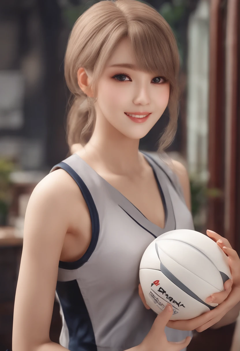 The most beautiful soft round big in the world, (1 girl: 1.3), Photorealistic, Photorealistic: 1.4 Official art, Beautiful and aesthetic, masutepiece, of the highest quality, Holding a volleyball with both hands、 Japan most beautiful woman in volleyball uniform, Complete cleavage, Smile, And the sexiest female figure in the world