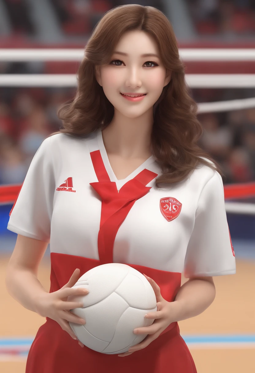 The most beautiful soft round big in the world, (1 girl: 1.3), Photorealistic, Photorealistic: 1.4 Official art, Beautiful and aesthetic, masutepiece, of the highest quality, Holding a volleyball with both hands、 Japan most beautiful woman in volleyball uniform, Complete cleavage, Smile, And the sexiest female figure in the world
