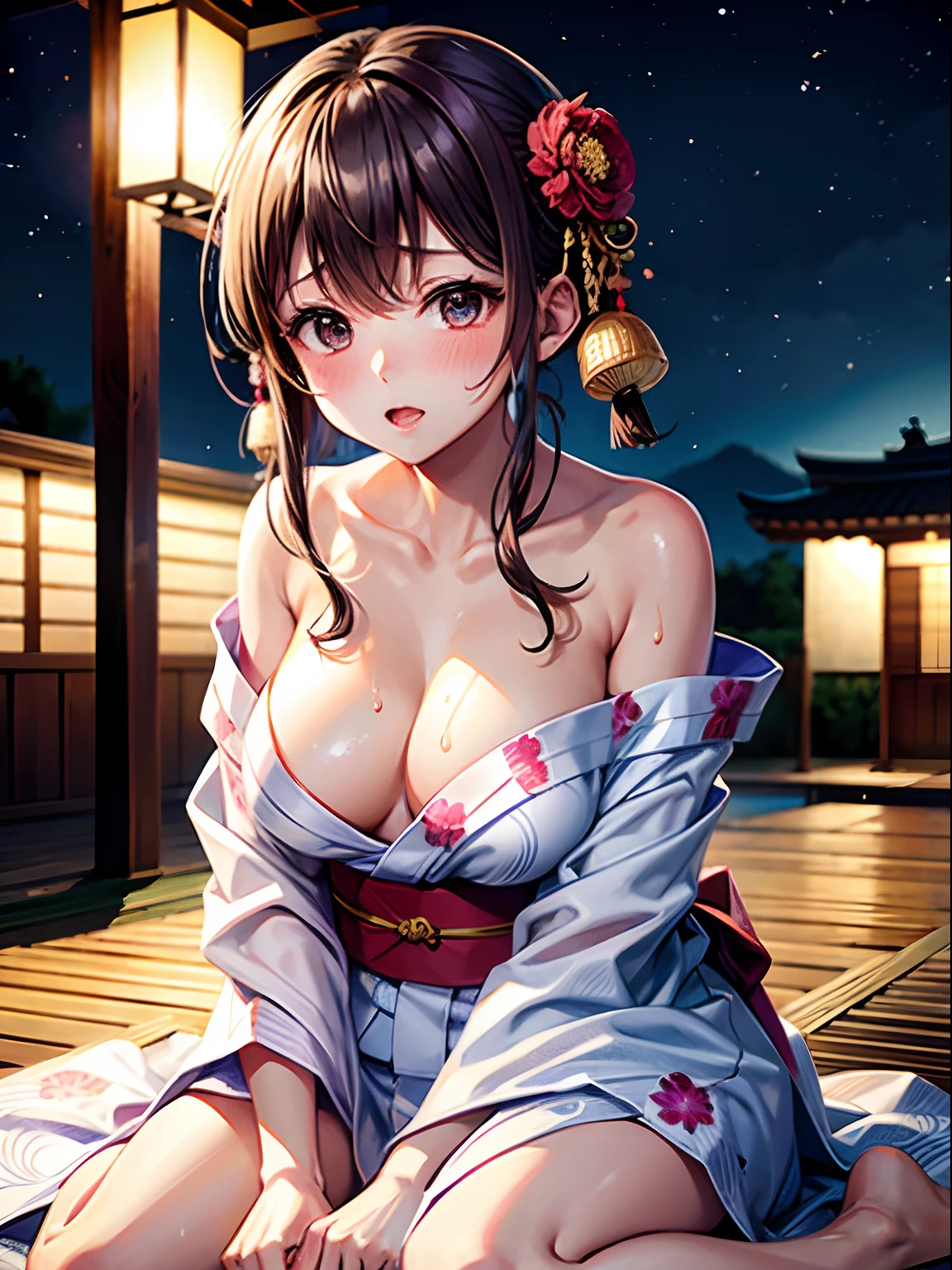 hight resolution, top-quality,Hakata yukata、Yukata taken half、Lying Woman、embarrassed from、Deserted park at night、Half-naked yukata、Semi-naked kimono、full of sweat、Wearing sweat、