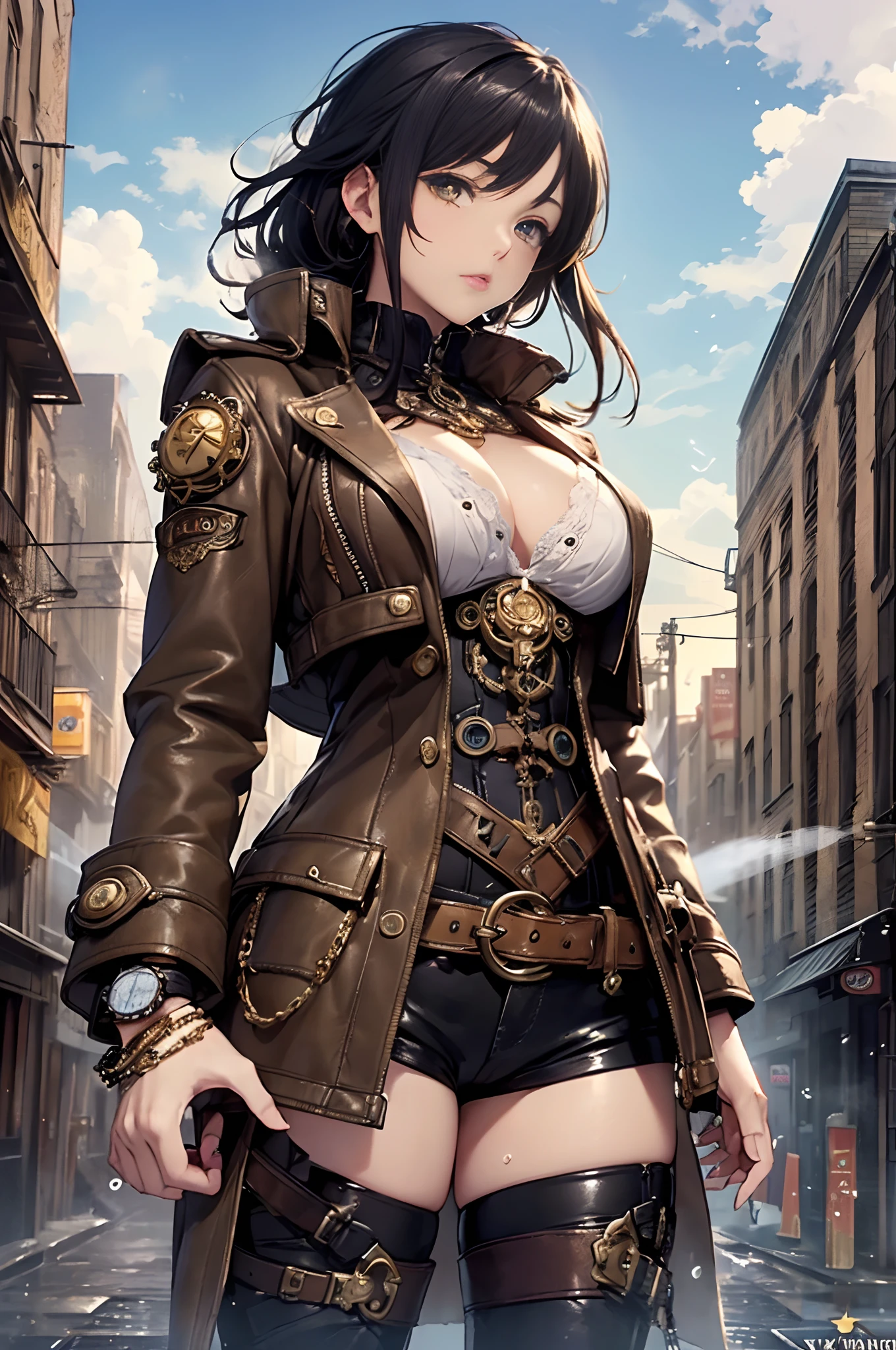 ​masterpiece，Ultra-fine 8K，超A high resolution，Detailed description，Smooth depiction，Accurate rendering，Triangle composition，(London、Victorian culture：1.8）、((Equipped with a reinforcement mechanism that moves with countless gears))，Beautiful golden cat eyes，Whitening skin，Western-style beautiful girl in anime style，Wearing an antique leather coat with steampunk-style gear and watch embellishments，Metallic boots，Vast steam、Complex cities、Expressed in detail、Complex structures with pipes、A city studded with countless steam and gears、eventide、high sky、Empty steam、Eventide、Overhead scenery，Full body depiction，Splash Art Style，