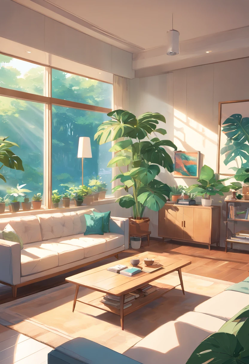 In a large bright living room，carding、Coffee table minimalist style，In the middle is a large pot of white monstera