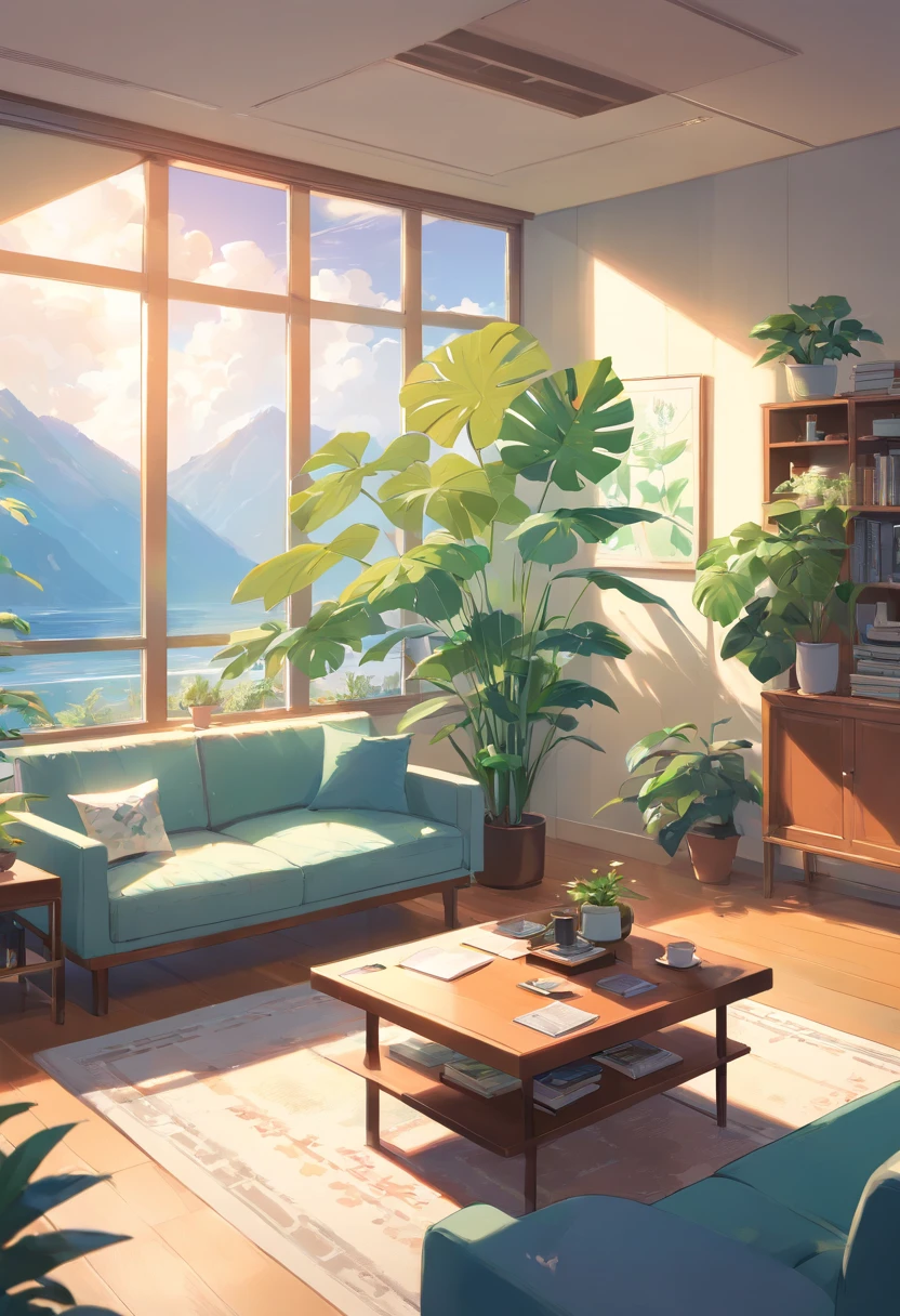 In a large bright living room,carding、Coffee table minimalist style,In the middle is a large pot of white monstera