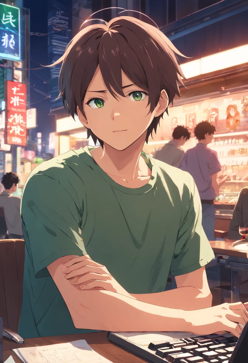 masutepiece: 1.4, Hyper-detailing, One young man:1,2, Face Focus, ,His eyes are emerald green, Dark gray hair, Medium Hair, Hair pulled back, half updo, hair messy, He wears a wine red shirt: 1.3, Wearing watches and rings,Internet cafe, Keyboard interaction, Lots of information