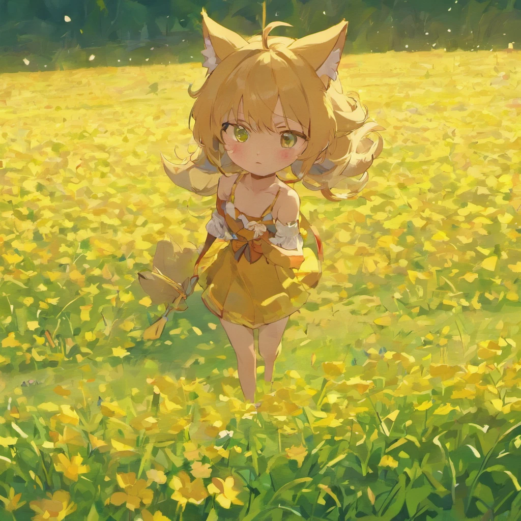 girl, kemono, furry, detailed body fur, animal face, animal hand, running, unfocused spread of gold flower, 