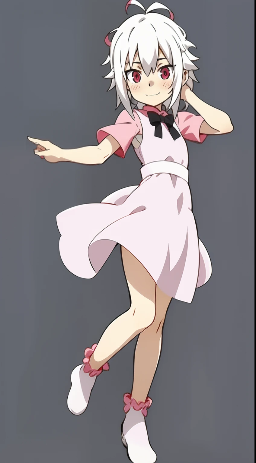 Solo girl, white hair, red eyes, blush, cute girl, long white hair, young girl, wearing pink dress, dynamic pose, simple background, slim waist, small boobs, thin legs, white long sockings, knee socks, happy, happy girl, full body, model