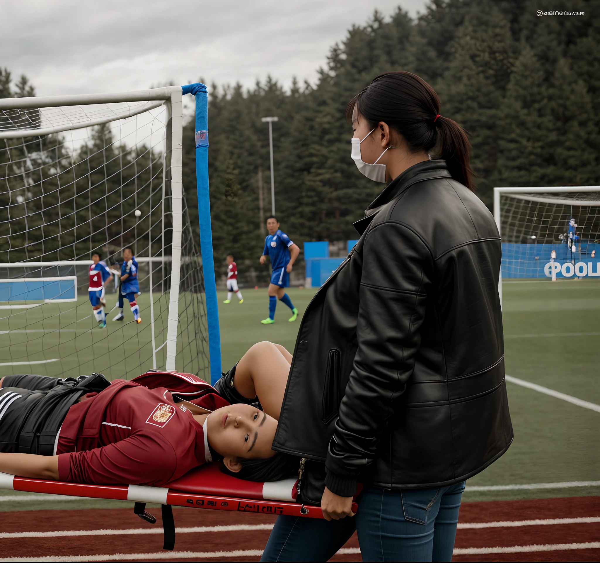 A scene at a soccer stadium in Mongolia, There is an attractive and heavily made-up Mongolian female police officer in a long black leather coat, A Mongolian female police officer in a shiny black leather coat on a soccer field, A Mongolian female police officer is holding a stretcher, A man is lying on the soccer stadium his back with his torso on the right in matt and roughened white and red sportswear on a stretcher, a man lies on a stretcher and has his left arm bent over his face, we only see the torso and thighs of the male athlete who is being carried with the stretcher to the left off the picture, the man lies on his back on the stretcher and covers his face with his bent left arm, the mongolian policewoman is exceptionally heavily made up and has an extremely desperate and very angry expression on her face, high-resolution photo, realistic sports photo, soccer scene, mongolia, mongolian policewoman, uniformed woman in black shiny long leather coat, injury scene, real photo, ultra realistic, high definition, sports photography