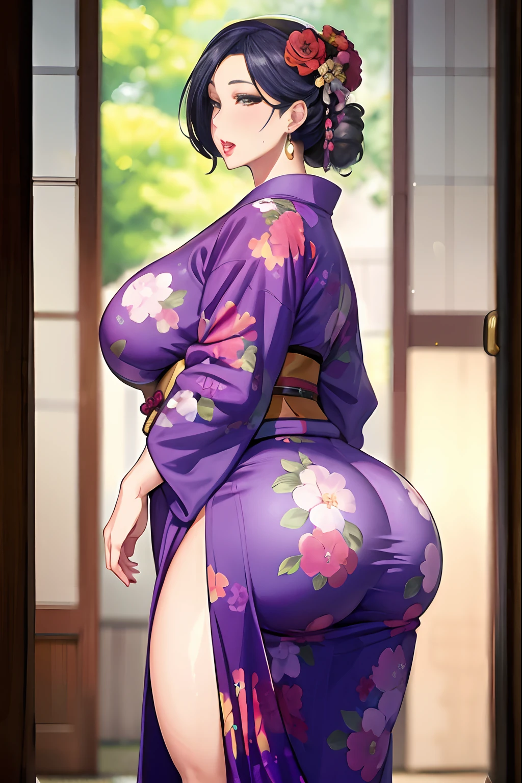 Arafe in kimono dress with flowers in her hair, in a kimono, in a kimono, goddess of Japan, wearing royal kimono, oppai proportions, saggy purple robes, Chic, beautiful alluring anime woman, Wearing kimono, juri misaki, Seductive Anime Girl, oppai, inspired by Nishikawa Sukenobu, Voluptuous body, curvy body, Naughty anime style, plus size model, Scruffy body,Erotic cartoon style body, Married woman's big ass,Eros of a married woman, Married woman style, Married woman atmosphere