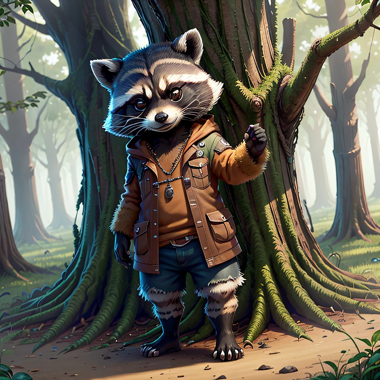 a talking raccoon standing next to a tree