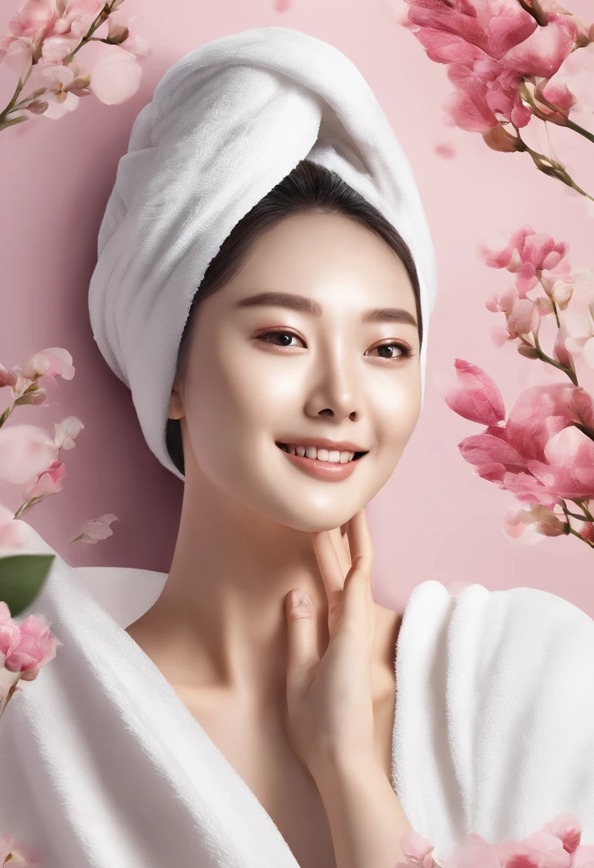 Beautiful realistic korean girl, 40yearsold, Women lying down and getting skin care, Cover up to your chest with a towel, Cheerful and satisfied expression, Beautiful woman with a towel covering the upper body of the body, I wrapped my head in a towel.