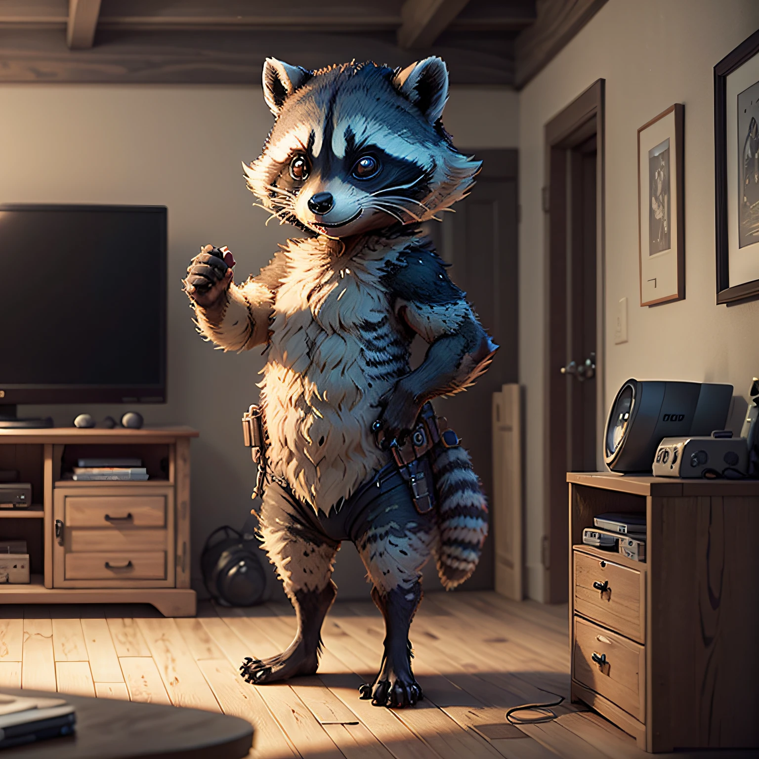 a talking raccoon, standing, showing a tv screen front view, drawing