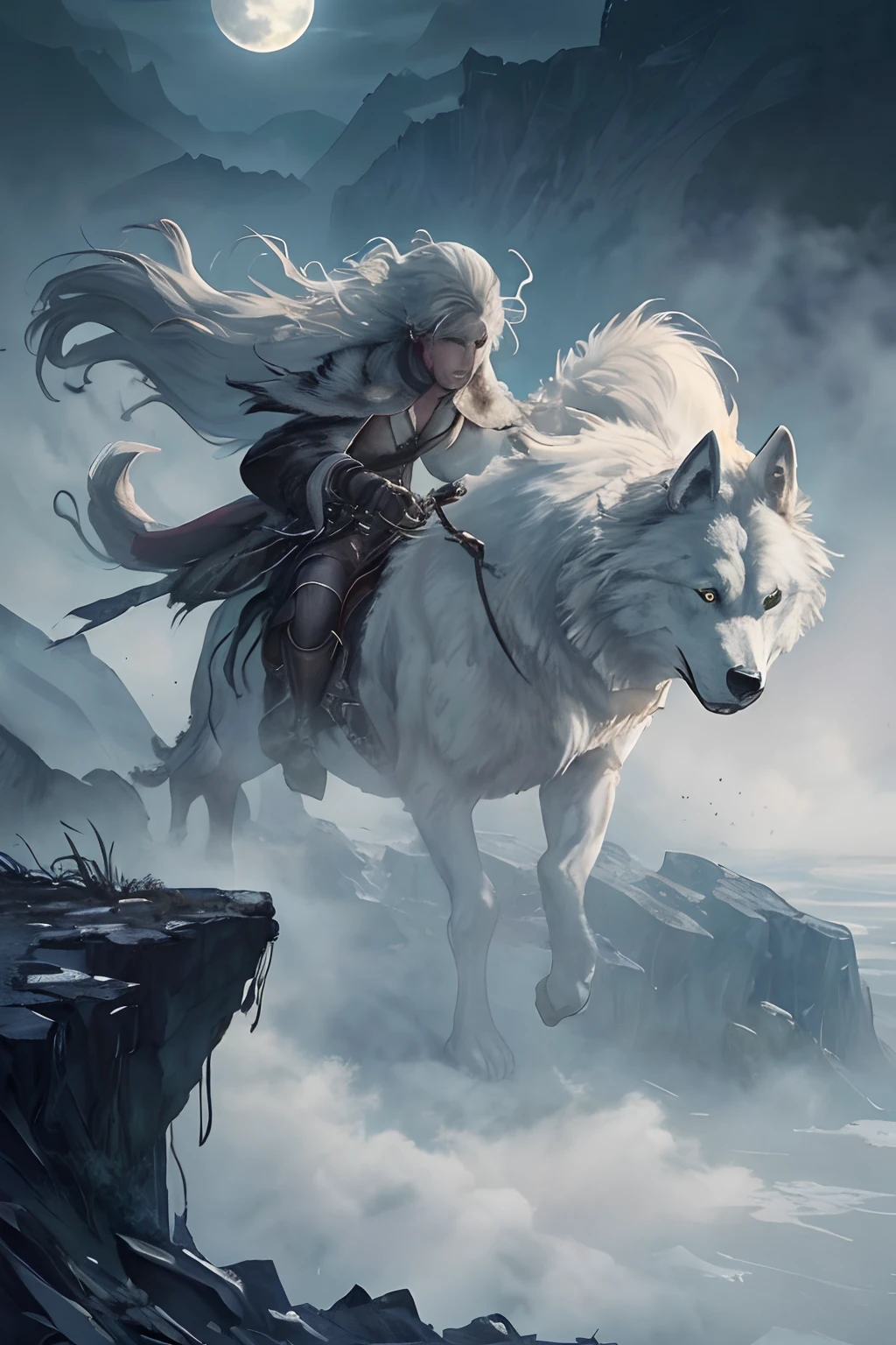 Epic movie poster、White Wolf　Beast Leather　(Storm of windy dust debris:1.1) Volumetric lighting、fullmoon　thick mist、Fog of the Abyss、the wasteland、stony、Dry soil、Cracks in the ground、Very bright morning sunlight seen from the side、(​masterpiece)(top-quality)(detaileds)(8K)(电影灯光)(foco nítido)(Convoluted)