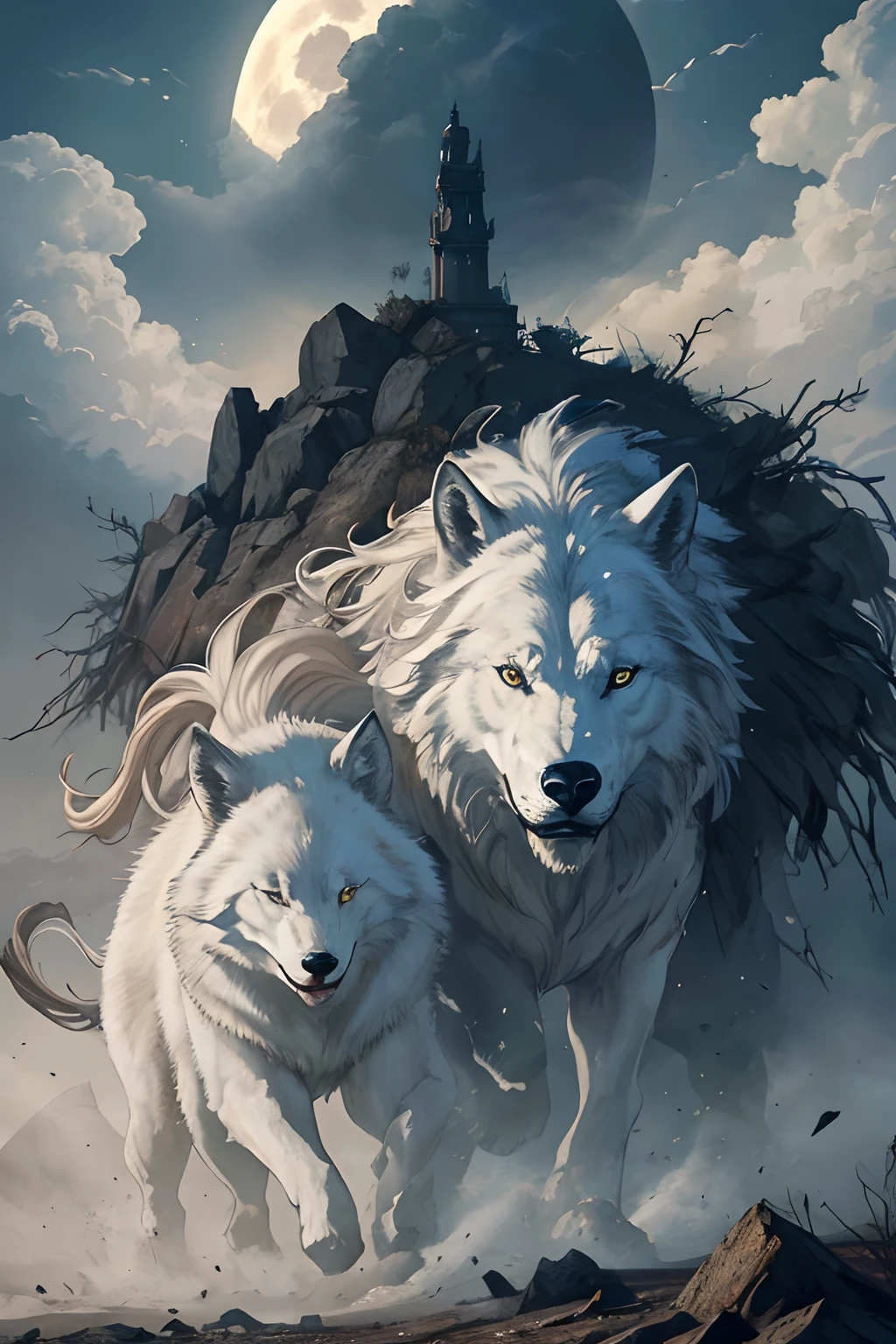 Epic movie poster、White Wolf Beast Leather (Storm of windy dust debris:1.1) Volumetric lighting、fullmoon thick mist、Fog of the Abyss、the wasteland、stony、Dry soil、Cracks in the ground、Very bright morning sunlight seen from the side、(masterpiece)(top-quality)(detaileds)(8K)(电影灯光)(foco nítido)(Convoluted)