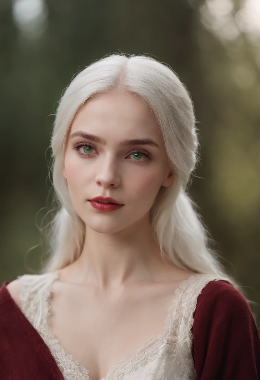 (((a deep reddish wound crosses her left cheek))) fair complexion, woman around 19 years old, natural white hair, distinctive green eyes, wearing kohl, slender and graceful, beautiful, candlelight in a medieval setting, ultra sharp focus, realistic shot, full body, lingerie, tetradic colors (scar:1.4)