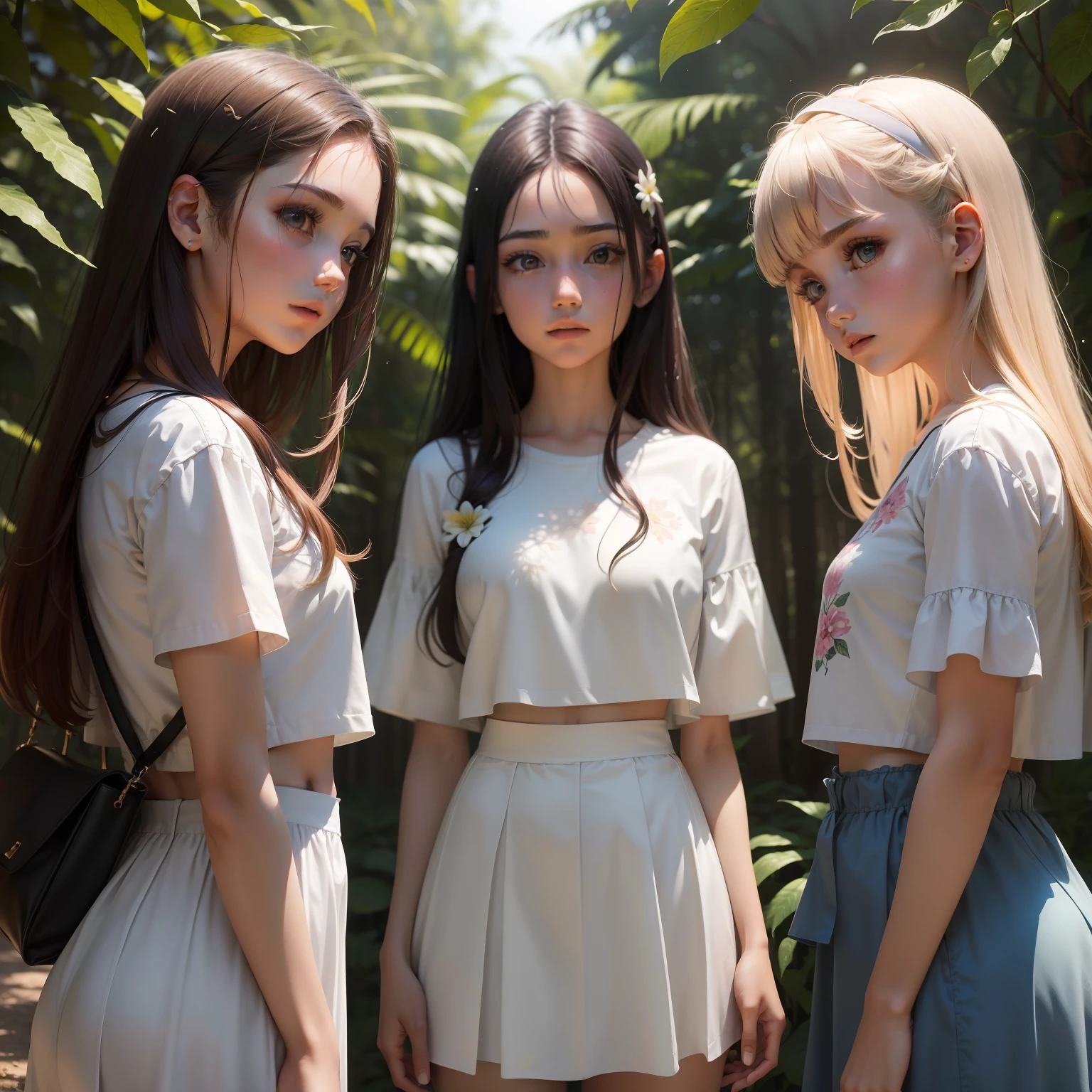 (obra prima, illustration, melhor qualidade, ultra detalhado, realistica) three teenagers (3 girls), em uma floresta noturna, lua cheia no alto distante, clima de medo, garotas com roupas escolares, olhando para o viewer