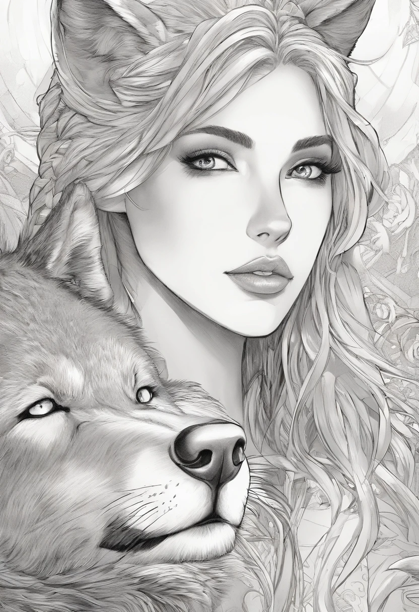 a close up of a woman with a tattoo on her chest next to a wolf, wlop and artgerm, wolf companion, furry fantasy art, realistic fantasy illustration, intricate wlop, greyscale, inspired by Magali Villeneuve, detailed matte fantasy portrait, female anthropomorphic wolf, artgerm and wlop, in style of wlop