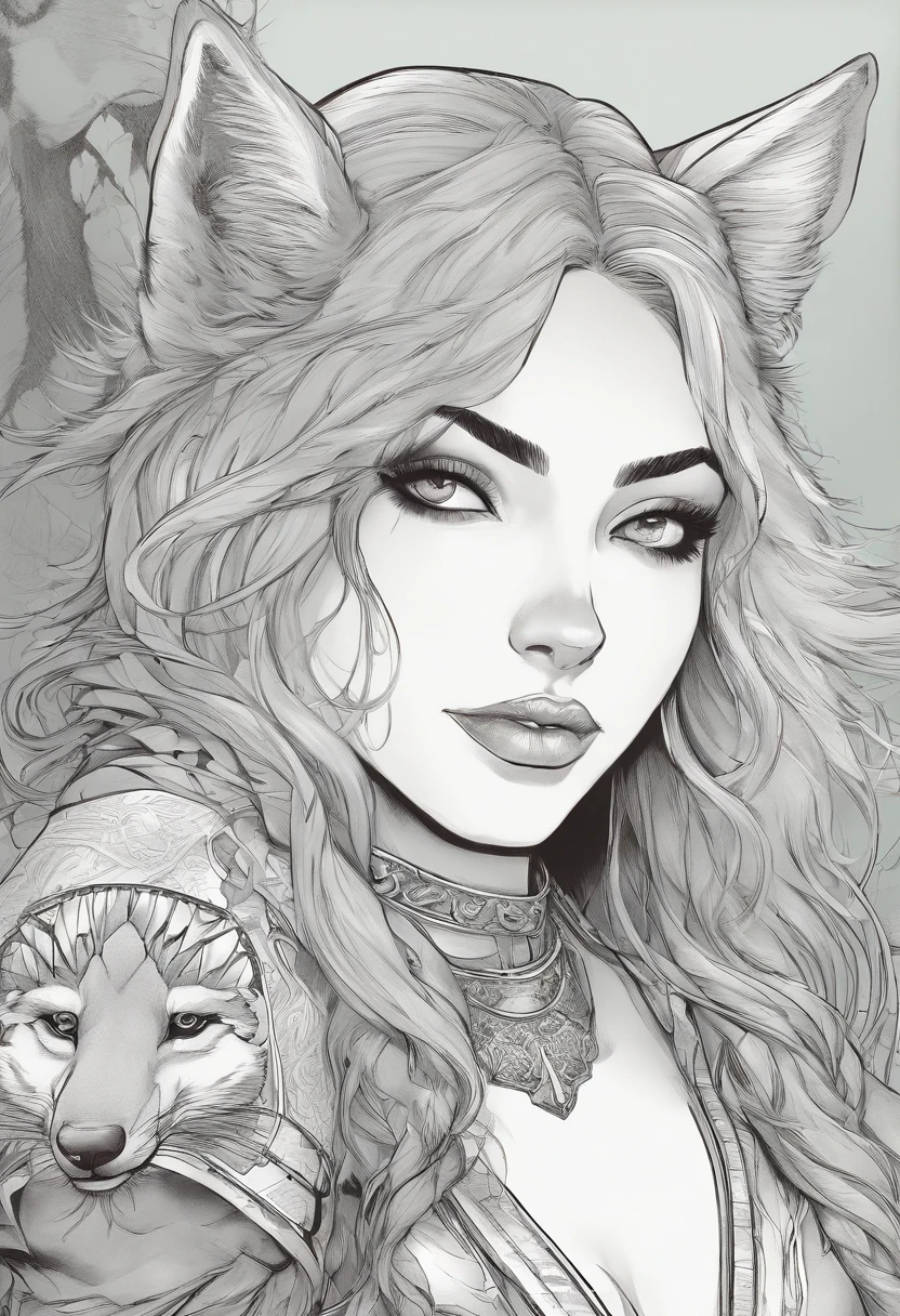 a close up of a woman with a tattoo on her chest next to a wolf, wlop and artgerm, wolf companion, furry fantasy art, realistic fantasy illustration, intricate wlop, greyscale, inspired by Magali Villeneuve, detailed matte fantasy portrait, female anthropomorphic wolf, artgerm and wlop, in style of wlop