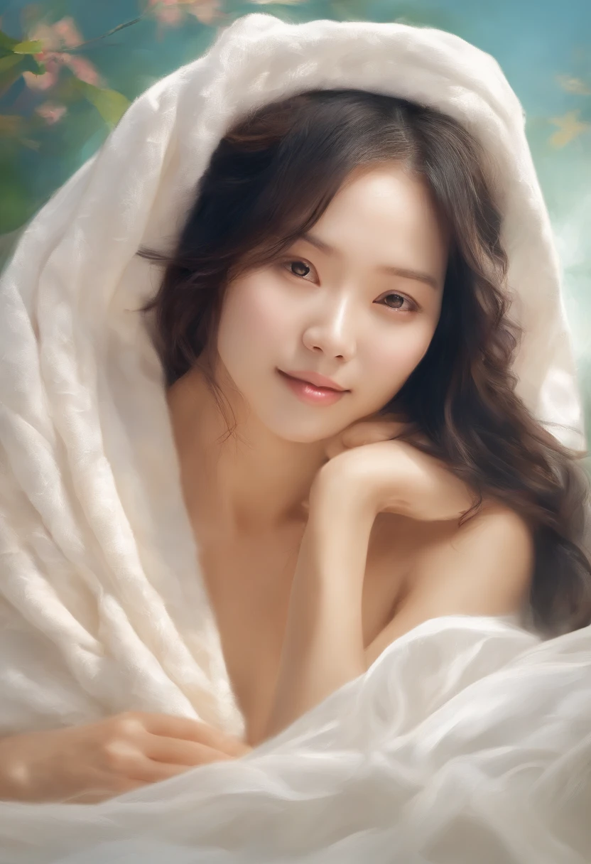 Beautiful realistic korean girl, 40yearsold, Women lying down and getting skin care, Cover up to your chest with a towel, Cheerful and satisfied expression, Beautiful woman with a towel covering the upper body of the body, I wrapped my head in a towel.