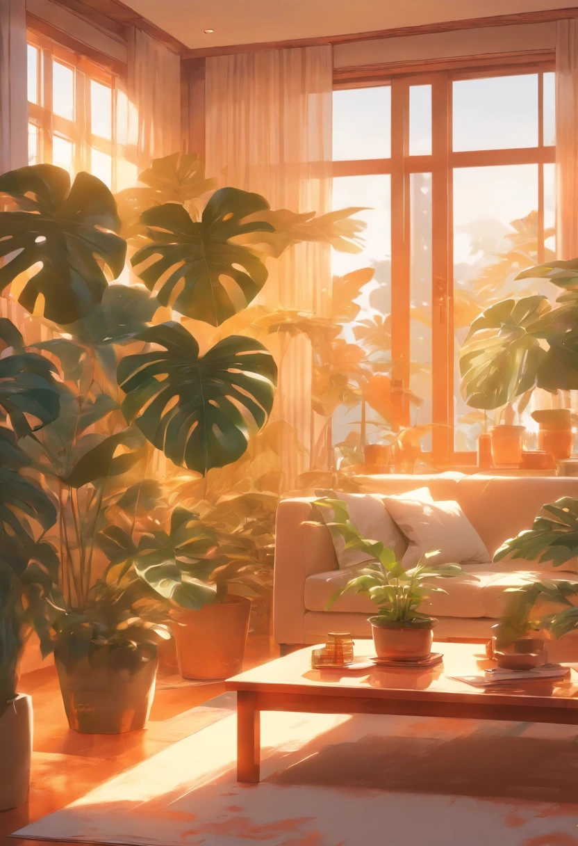 In the large bright living room,carding、Coffee table minimalist style,In the middle is a large pot of white monstera、Kotoha Rong、Tropical plants
