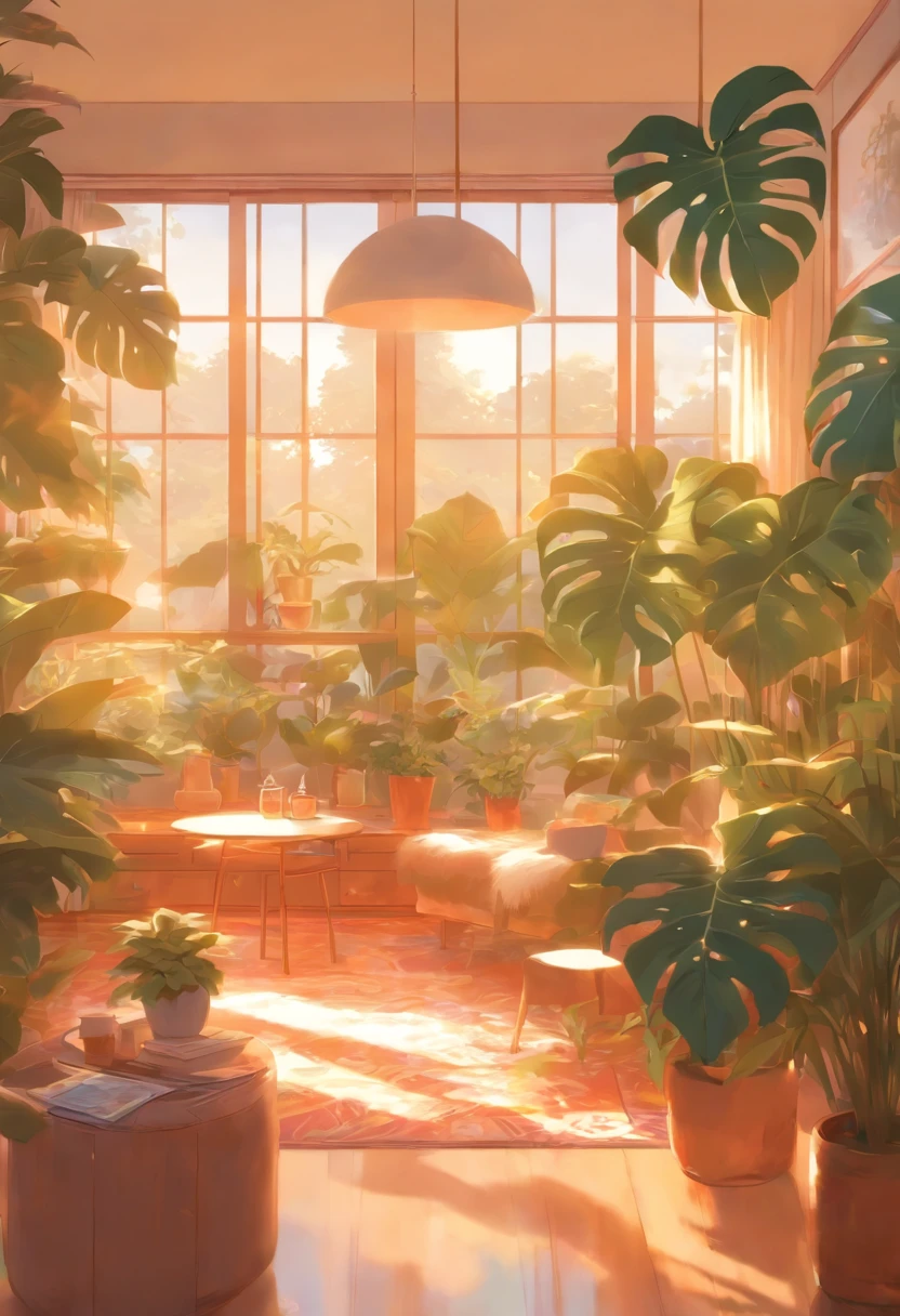 In the large bright living room,carding、Coffee table minimalist style,In the middle is a large pot of white monstera、Kotoha Rong、Tropical plants