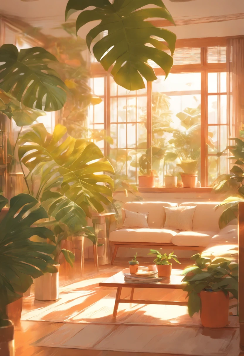 In the large bright living room，carding、Coffee table minimalist style，In the middle is a large pot of white monstera、Kotoha Rong、Tropical plants