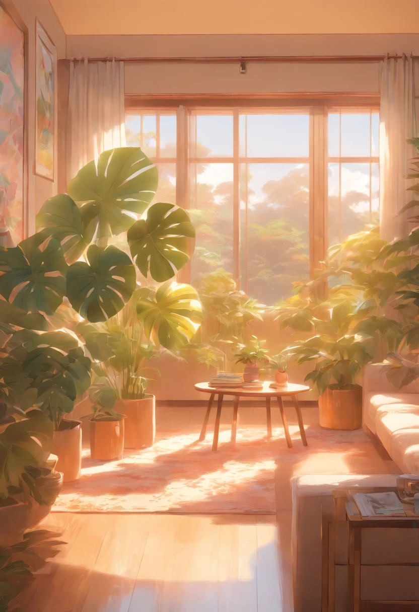In the large bright living room，carding、Coffee table minimalist style，In the middle is a large pot of white monstera、Kotoha Rong、Tropical plants