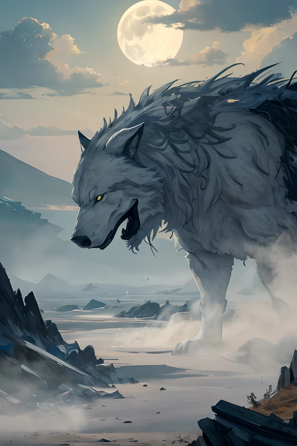 Epic movie poster、White Wolf Beast Leather (Storm of windy dust debris:1.1) Volumetric lighting、fullmoon thick mist、Fog of the Abyss、the wasteland、stony、Dry soil、Cracks in the ground、Very bright morning sunlight seen from the side、(masterpiece)(top-quality)(detaileds)(8K)(电影灯光)(foco nítido)(Convoluted)