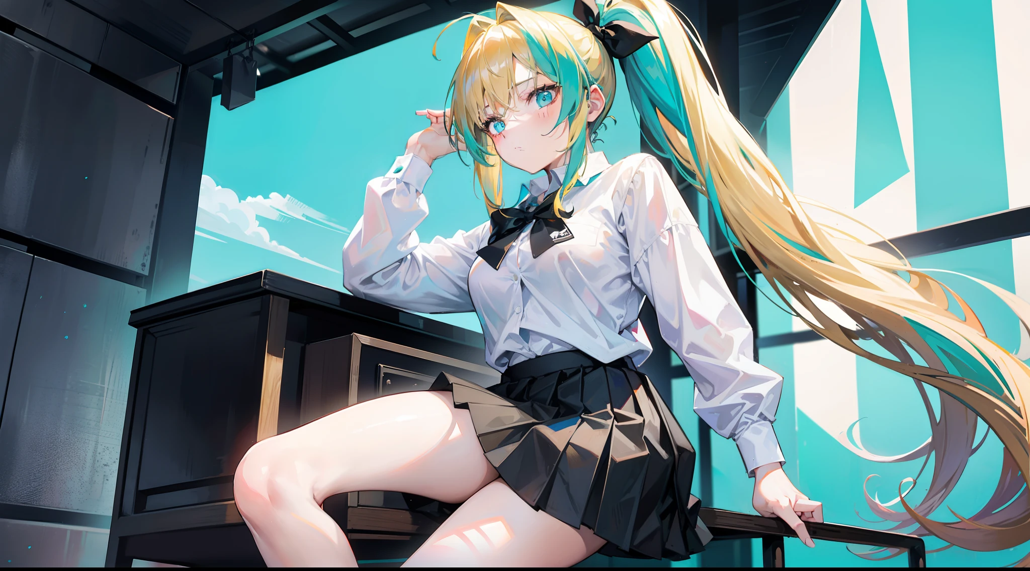 18 year old woman with golden hair, turquoise eyes, pony tail hair tied in a black bow in the back. Wearing a school uniform and a short skirt, she was embarrassed.
