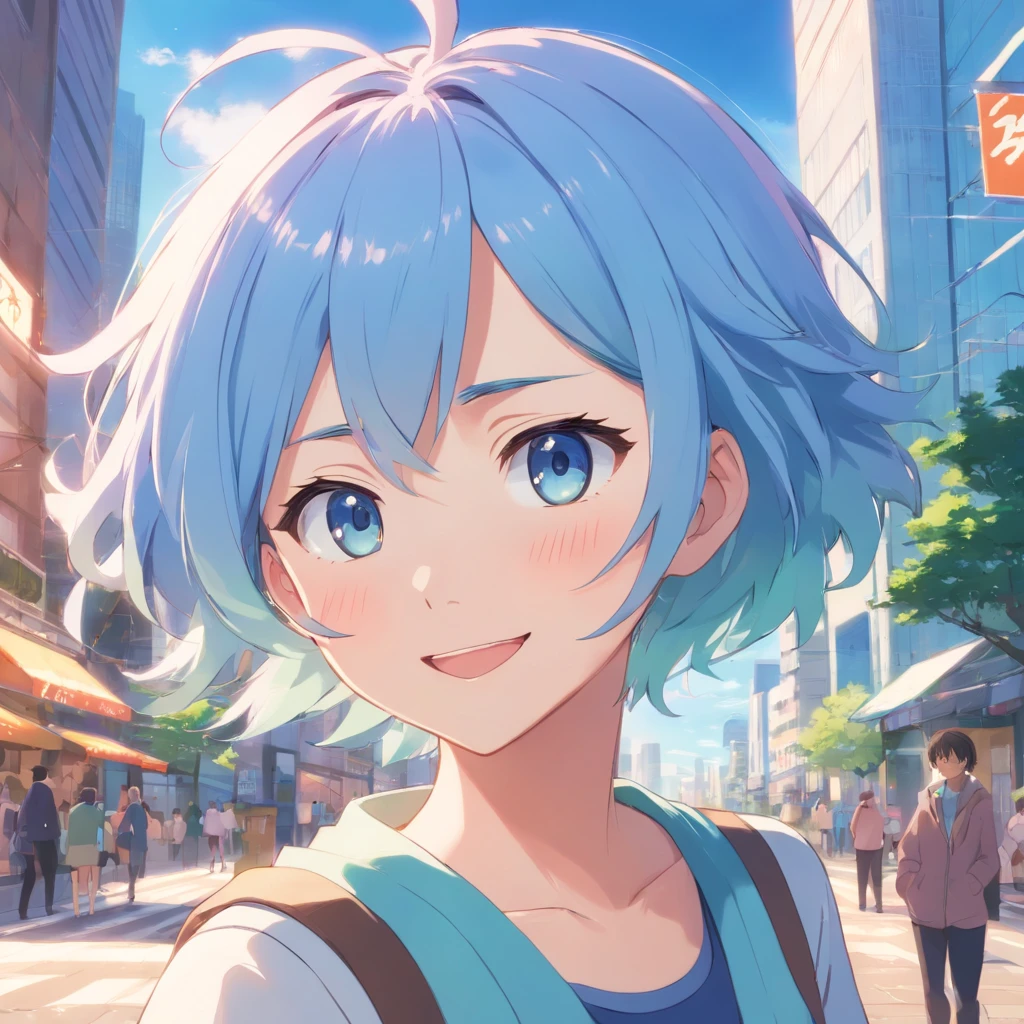 Light blue hair, hair bobbles, short hair, blue eyes, smiling, blushing,  wince, longeyelashes, solid circle eyes, ear blush, fang, doubt, In the city park, anime big breast, drop shadow, anaglyph, pov, atmospheric perspective, cinematic lighting, close-up, 8k, super detail, ccurate, best quality