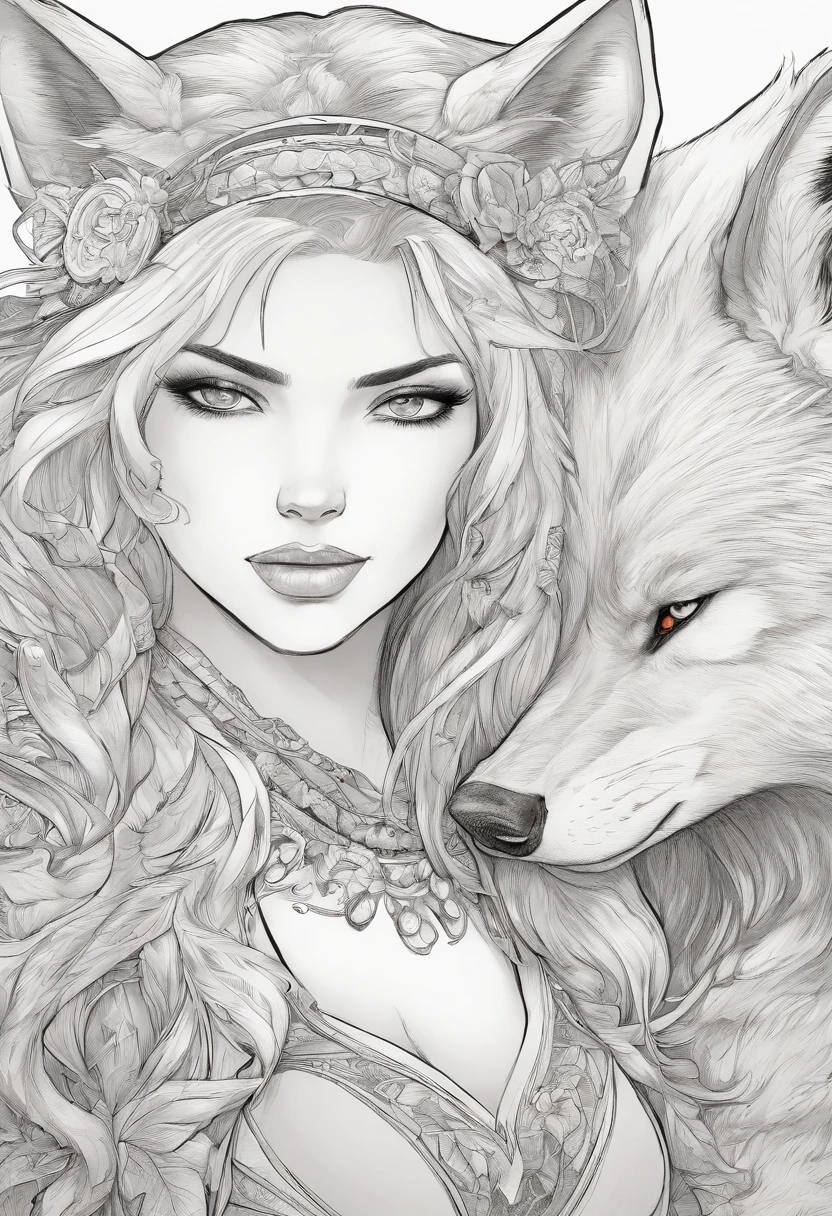 a close up of a woman with a tattoo on her chest next to a wolf, wlop and artgerm, wolf companion, furry fantasy art, realistic fantasy illustration, intricate wlop, black and white, inspired by Magali Villeneuve, detailed matte fantasy portrait, female anthropomorphic wolf, artgerm and wlop, in style of wlop