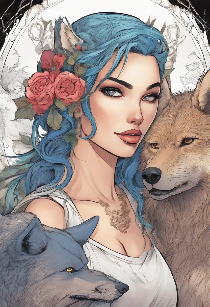 a close up of a woman with a tattoo on her chest next to a wolf, wlop and artgerm, wolf companion, furry fantasy art, realistic fantasy illustration, intricate wlop, black and white, inspired by Magali Villeneuve, detailed matte fantasy portrait, female anthropomorphic wolf, artgerm and wlop, in style of wlop