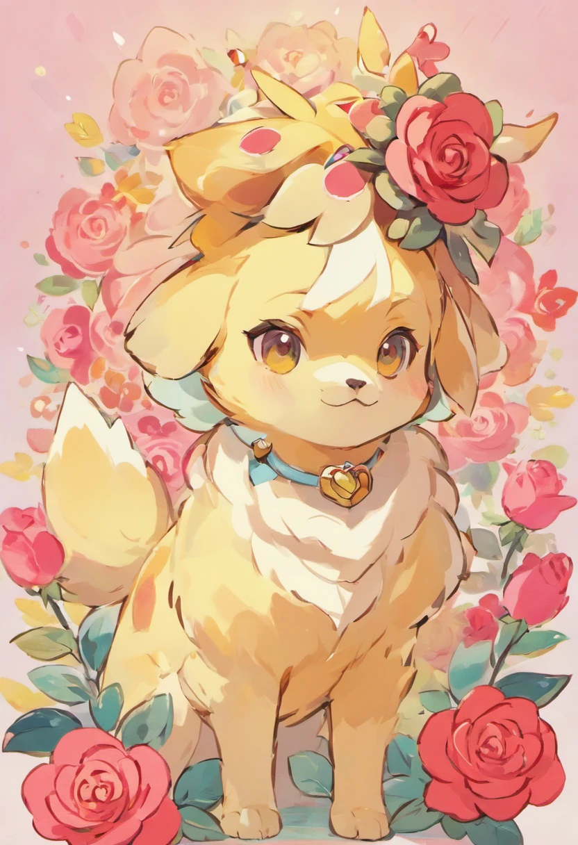 Dog character、
personification、
Fashionable bangs、
a cool、
Large roses on the head、
kirakira、
a Dog、
Deformed、
simplicity、
Anime style、