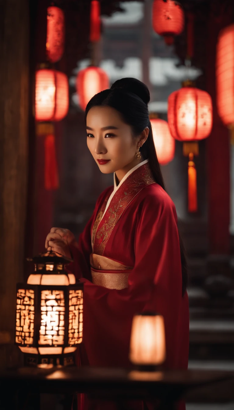 1womanl, 24 years of age,Chinese Beauty,((Focus above the thighs)),Star-studded beauty,Chinese costumes,Ancient Chinese court architecture,Chinese elements,the night,Countless lanterns,Front lighting,