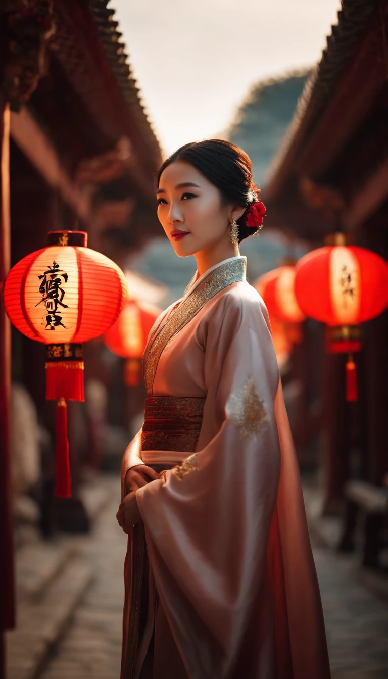 1womanl, 24 years of age,Chinese Beauty,((Focus above the thighs)),Star-studded beauty,Chinese costumes,Ancient Chinese court architecture,Chinese elements,the night,Countless lanterns,Front lighting,