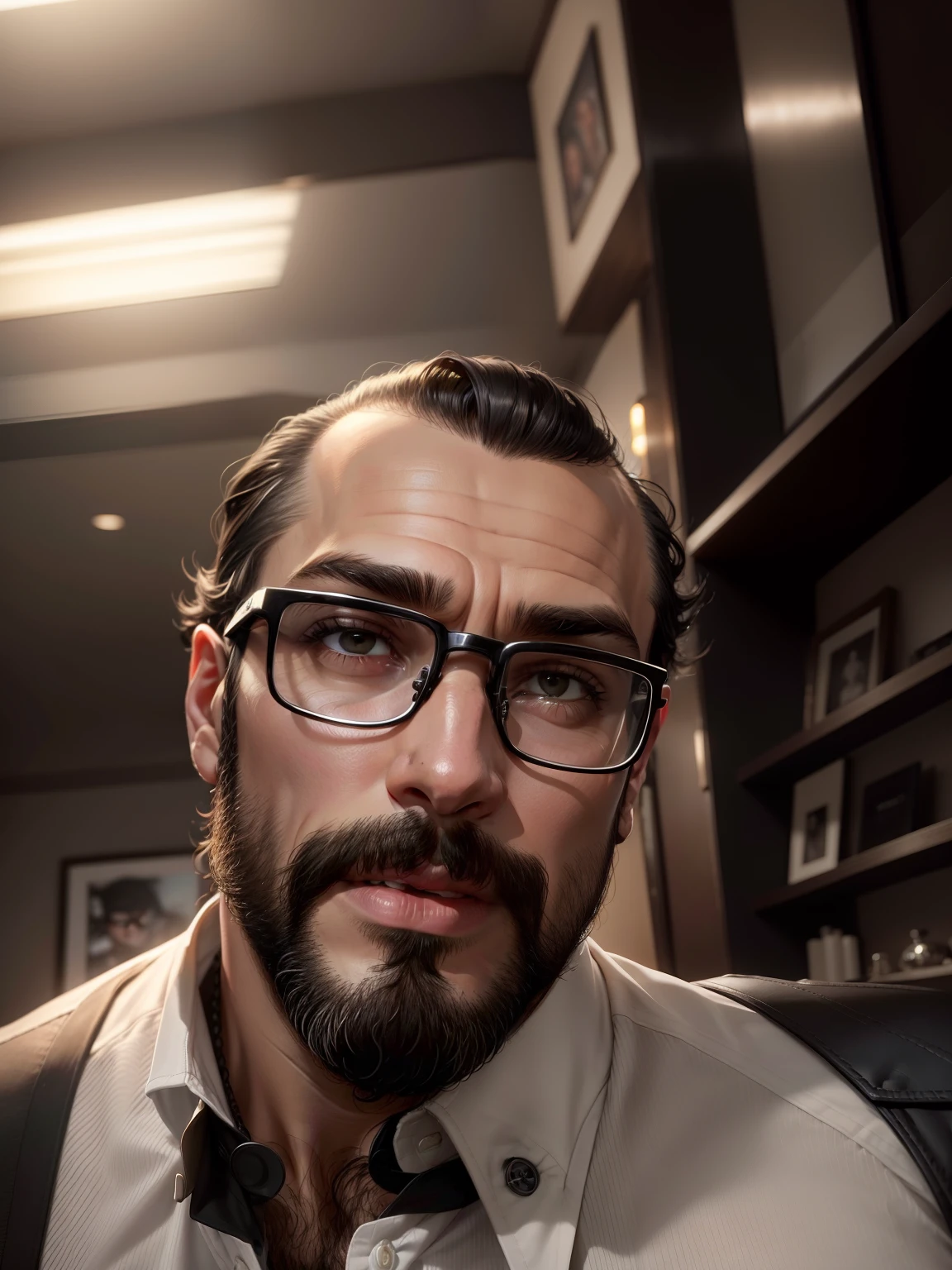 homem barba fechada, More hair in baldness , , barba e cabelo negros, corte de cabelo Chanel de ponta, nariz delicado, slightly square jaw, olhando pro horizonte, with button-down shirt. Glasses and black frame. Youthful-looking